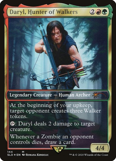 At the beginning of your upkeep, target opponent creates three Walker tokens. (They're 2/2 black Zombie creatures.)
{T}: Hansk, Slayer Zealot deals 2 damage to target creature.
Whenever a Zombie an opponent controls dies, draw a card.