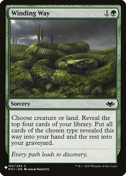 Choose creature or land. Reveal the top four cards of your library. Put all cards of the chosen type revealed this way into your hand and the rest into your graveyard.