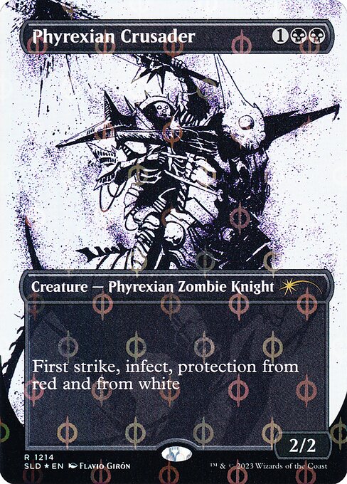 First strike, protection from red and from white
Infect (This creature deals damage to creatures in the form of -1/-1 counters and to players in the form of poison counters.)