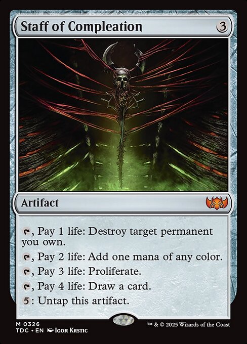 {T}, Pay 1 life: Destroy target permanent you own.
{T}, Pay 2 life: Add one mana of any color.
{T}, Pay 3 life: Proliferate.
{T}, Pay 4 life: Draw a card.
{5}: Untap this artifact.