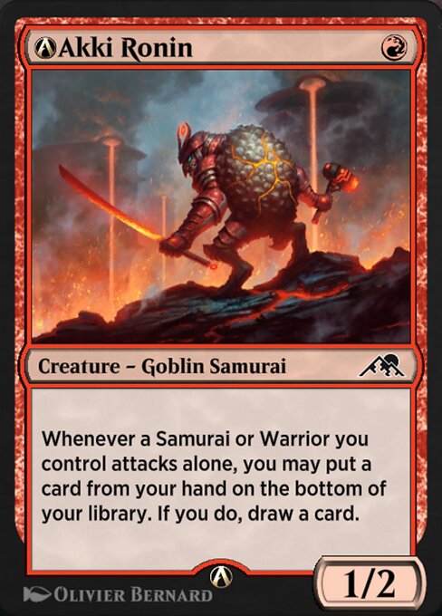 Whenever a Samurai or Warrior you control attacks alone, you may put a card from your hand on the bottom of your library. If you do, draw a card.