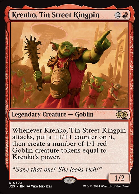 Whenever Krenko, Tin Street Kingpin attacks, put a +1/+1 counter on it, then create a number of 1/1 red Goblin creature tokens equal to Krenko's power.