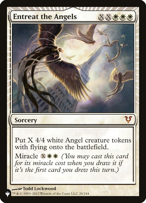Create X 4/4 white Angel creature tokens with flying.
Miracle {X}{W}{W} (You may cast this card for its miracle cost when you draw it if it's the first card you drew this turn.)