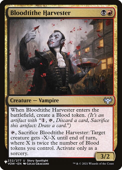 When Bloodtithe Harvester enters, create a Blood token. (It's an artifact with "{1}, {T}, Discard a card, Sacrifice this artifact: Draw a card.")
{T}, Sacrifice Bloodtithe Harvester: Target creature gets -X/-X until end of turn, where X is twice the number of Blood tokens you control. Activate only as a sorcery.