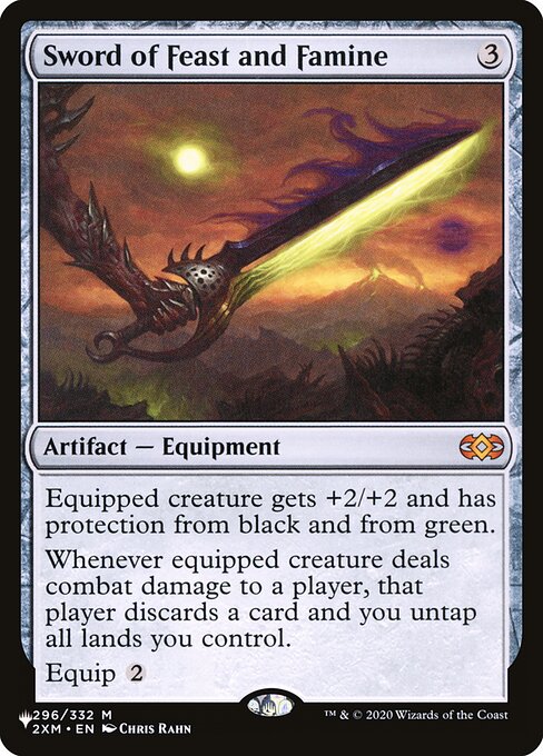 Equipped creature gets +2/+2 and has protection from black and from green.
Whenever equipped creature deals combat damage to a player, that player discards a card and you untap all lands you control.
Equip {2}