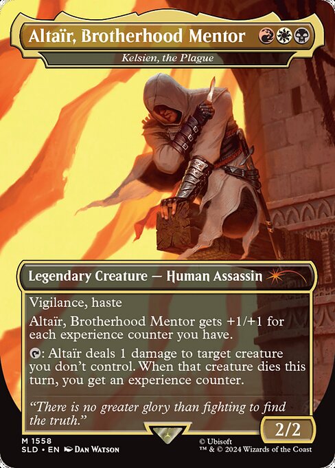 Vigilance, haste
Kelsien gets +1/+1 for each experience counter you have.
{T}: Kelsien deals 1 damage to target creature you don't control. When that creature dies this turn, you get an experience counter.