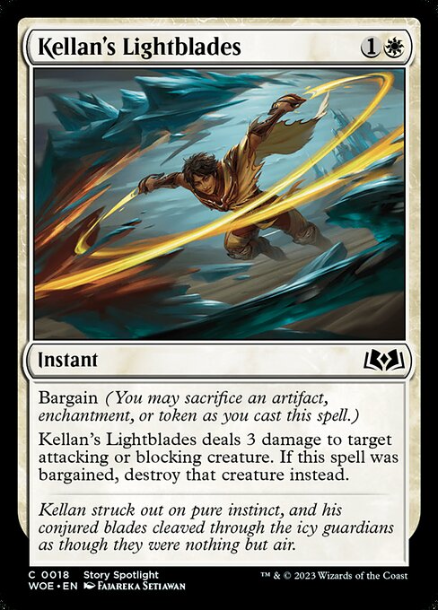 Bargain (You may sacrifice an artifact, enchantment, or token as you cast this spell.)
Kellan's Lightblades deals 3 damage to target attacking or blocking creature. If this spell was bargained, destroy that creature instead.
