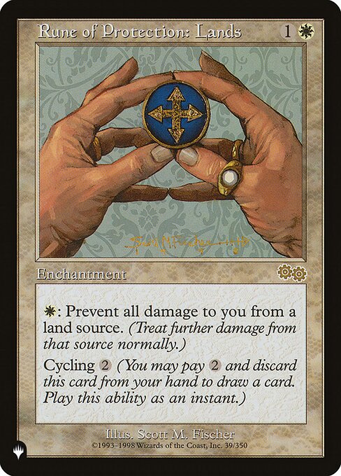 {W}: The next time a land source of your choice would deal damage to you this turn, prevent that damage.
Cycling {2} ({2}, Discard this card: Draw a card.)
