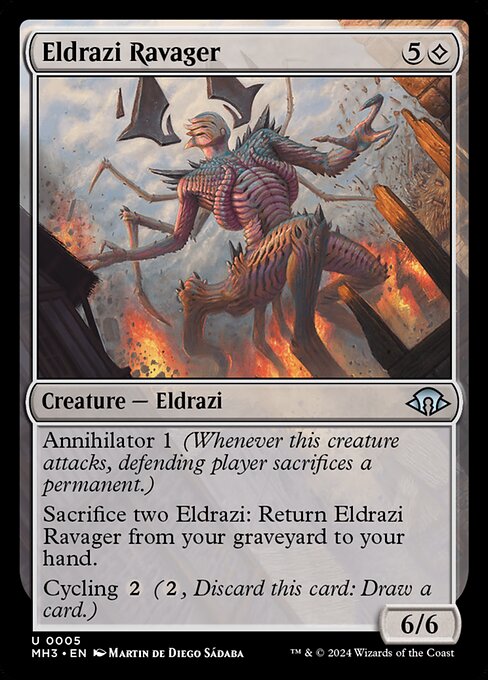 Annihilator 1 (Whenever this creature attacks, defending player sacrifices a permanent.)
Sacrifice two Eldrazi: Return Eldrazi Ravager from your graveyard to your hand.
Cycling {2} ({2}, Discard this card: Draw a card.)