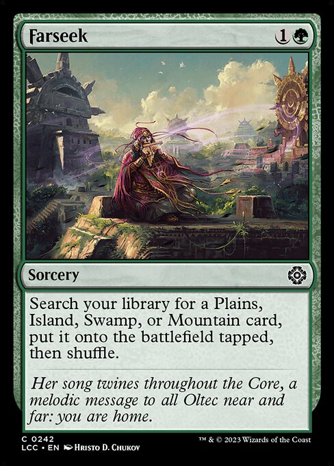 Search your library for a Plains, Island, Swamp, or Mountain card, put it onto the battlefield tapped, then shuffle.