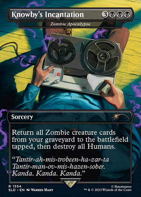 Return all Zombie creature cards from your graveyard to the battlefield tapped, then destroy all Humans.