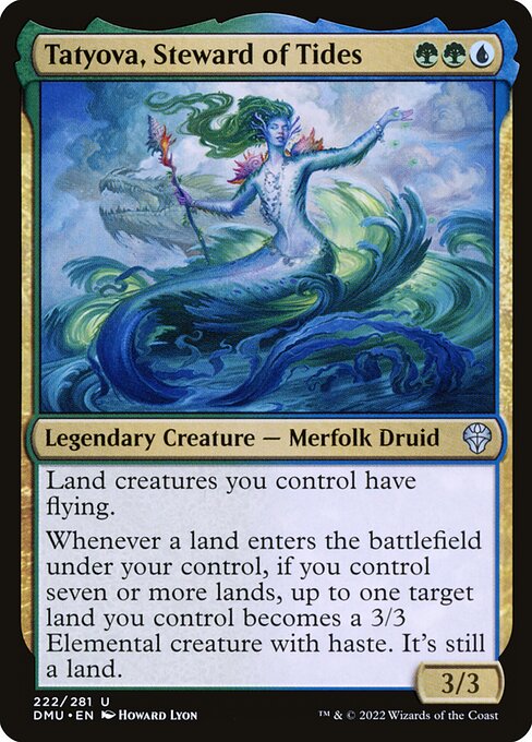 Land creatures you control have flying.
Whenever a land enters the battlefield under your control, if you control seven or more lands, up to one target land you control becomes a 3/3 Elemental creature with haste. It's still a land.
