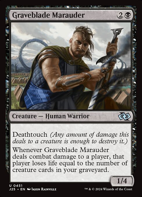 Deathtouch (Any amount of damage this deals to a creature is enough to destroy it.)
Whenever Graveblade Marauder deals combat damage to a player, that player loses life equal to the number of creature cards in your graveyard.