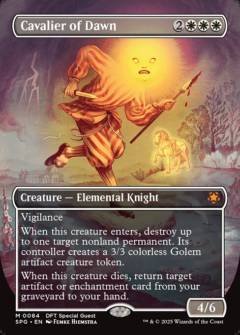 Vigilance
When this creature enters, destroy up to one target nonland permanent. Its controller creates a 3/3 colorless Golem artifact creature token.
When this creature dies, return target artifact or enchantment card from your graveyard to your hand.