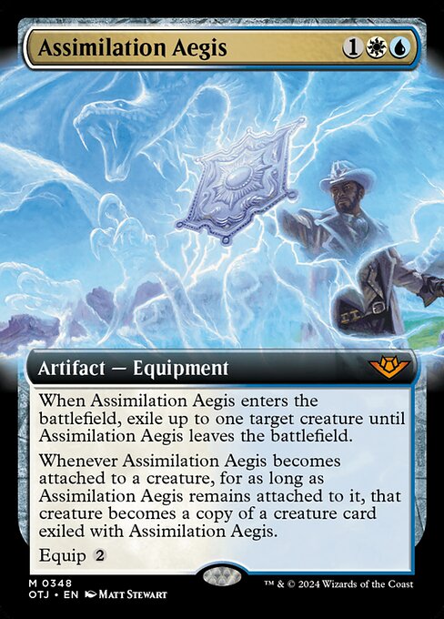 When Assimilation Aegis enters the battlefield, exile up to one target creature until Assimilation Aegis leaves the battlefield.
Whenever Assimilation Aegis becomes attached to a creature, for as long as Assimilation Aegis remains attached to it, that creature becomes a copy of a creature card exiled with Assimilation Aegis.
Equip {2}