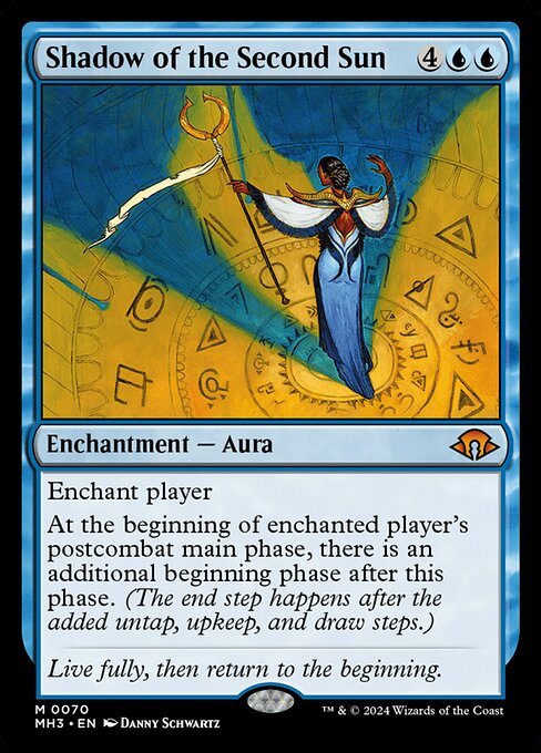 Enchant player
At the beginning of enchanted player's postcombat main phase, there is an additional beginning phase after this phase. (The end step happens after the added untap, upkeep, and draw steps.)