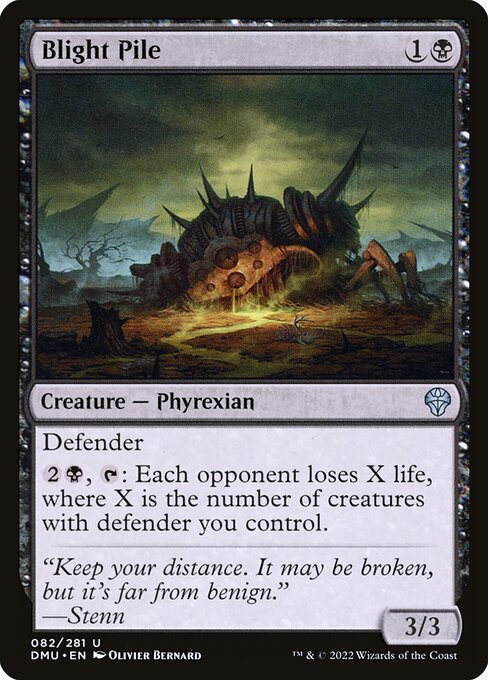 Defender
{2}{B}, {T}: Each opponent loses X life, where X is the number of creatures with defender you control.