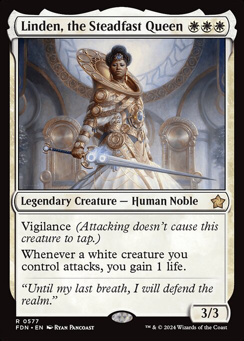 Vigilance (Attacking doesn't cause this creature to tap.)
Whenever a white creature you control attacks, you gain 1 life.