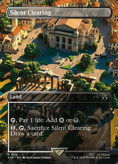 {T}, Pay 1 life: Add {W} or {B}.
{1}, {T}, Sacrifice Silent Clearing: Draw a card.