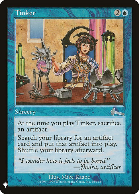 As an additional cost to cast this spell, sacrifice an artifact.
Search your library for an artifact card, put that card onto the battlefield, then shuffle.