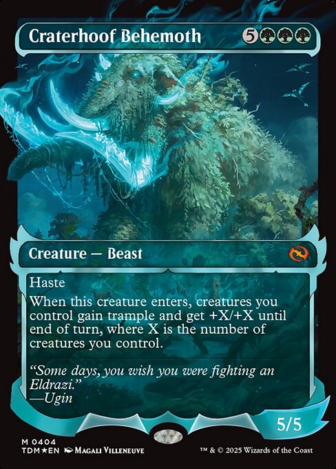 Haste
When this creature enters, creatures you control gain trample and get +X/+X until end of turn, where X is the number of creatures you control.