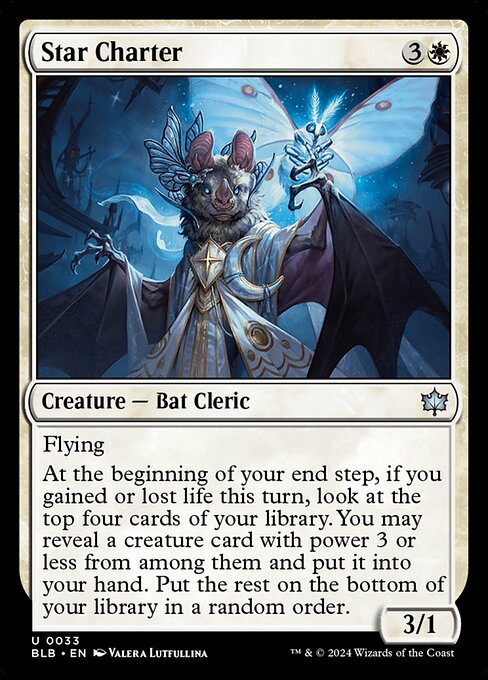 Flying
At the beginning of your end step, if you gained or lost life this turn, look at the top four cards of your library. You may reveal a creature card with power 3 or less from among them and put it into your hand. Put the rest on the bottom of your library in a random order.