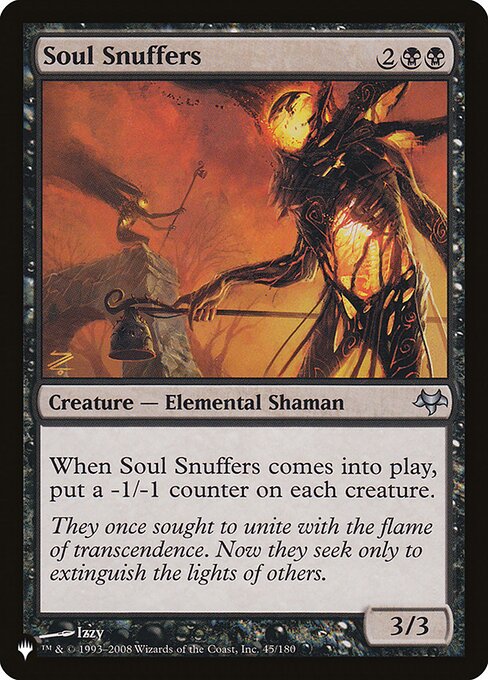 When Soul Snuffers enters, put a -1/-1 counter on each creature.