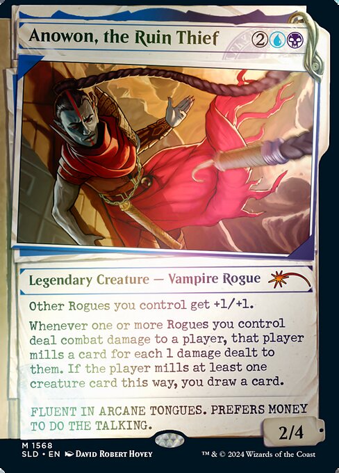 Other Rogues you control get +1/+1.
Whenever one or more Rogues you control deal combat damage to a player, that player mills a card for each 1 damage dealt to them. If the player mills at least one creature card this way, you draw a card. (To mill a card, a player puts the top card of their library into their graveyard.)