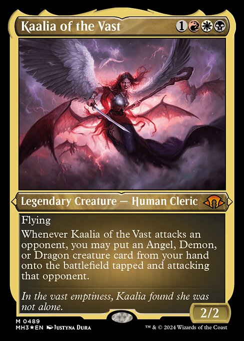Flying
Whenever Kaalia of the Vast attacks an opponent, you may put an Angel, Demon, or Dragon creature card from your hand onto the battlefield tapped and attacking that opponent.