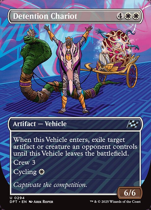 When this Vehicle enters, exile target artifact or creature an opponent controls until this Vehicle leaves the battlefield.
Crew 3 (Tap any number of creatures you control with total power 3 or more: This Vehicle becomes an artifact creature until end of turn.)
Cycling {W} ({W}, Discard this card: Draw a card.)