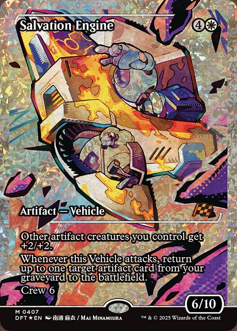 Other artifact creatures you control get +2/+2.
Whenever this Vehicle attacks, return up to one target artifact card from your graveyard to the battlefield.
Crew 6