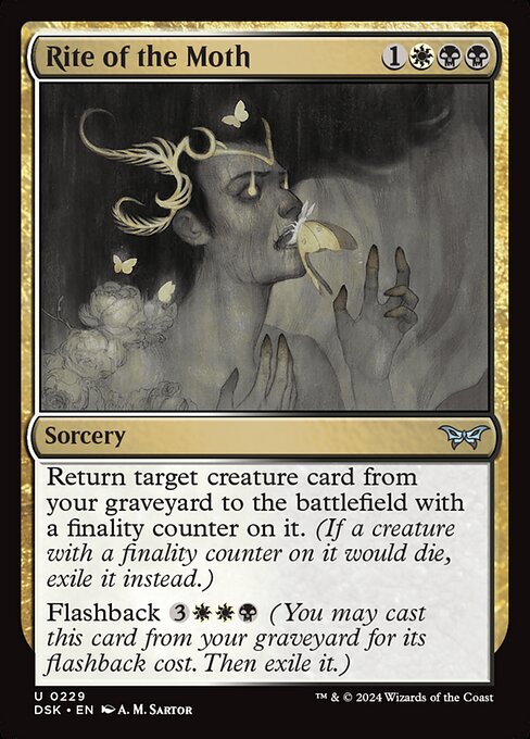 Return target creature card from your graveyard to the battlefield with a finality counter on it. (If a creature with a finality counter on it would die, exile it instead.)
Flashback {3}{W}{W}{B} (You may cast this card from your graveyard for its flashback cost. Then exile it.)