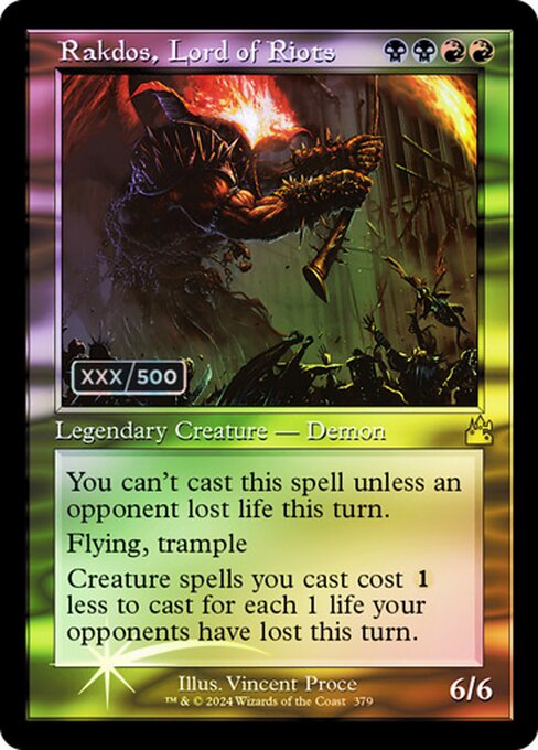 You can't cast this spell unless an opponent lost life this turn.
Flying, trample
Creature spells you cast cost {1} less to cast for each 1 life your opponents have lost this turn.