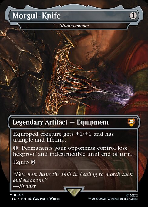 Equipped creature gets +1/+1 and has trample and lifelink.
{1}: Permanents your opponents control lose hexproof and indestructible until end of turn.
Equip {2}