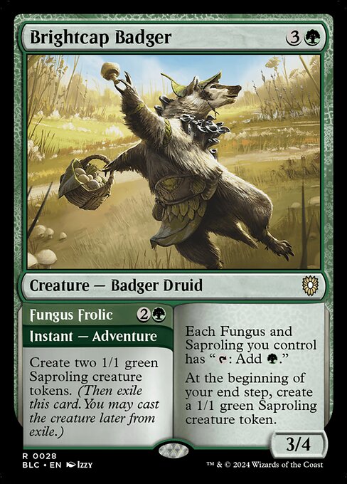 Each Fungus and Saproling you control has "{T}: Add {G}."
At the beginning of your end step, create a 1/1 green Saproling creature token.   Create two 1/1 green Saproling creature tokens. (Then exile this card. You may cast the creature later from exile.)