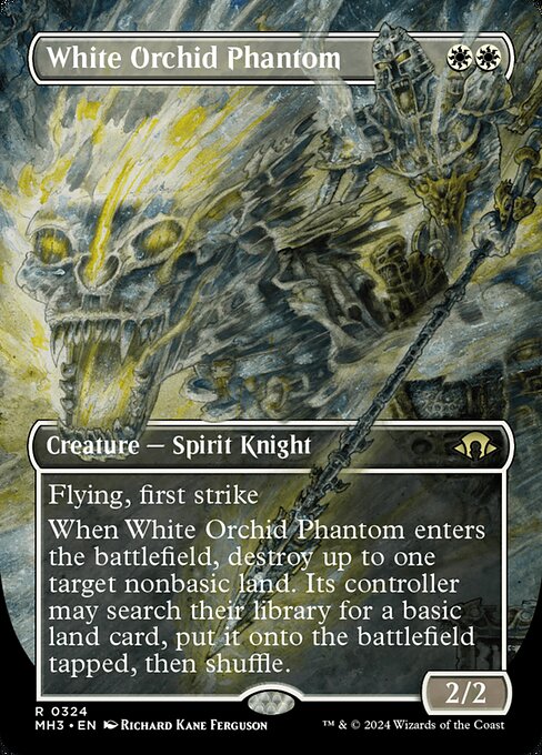 Flying, first strike
When White Orchid Phantom enters the battlefield, destroy up to one target nonbasic land. Its controller may search their library for a basic land card, put it onto the battlefield tapped, then shuffle.
