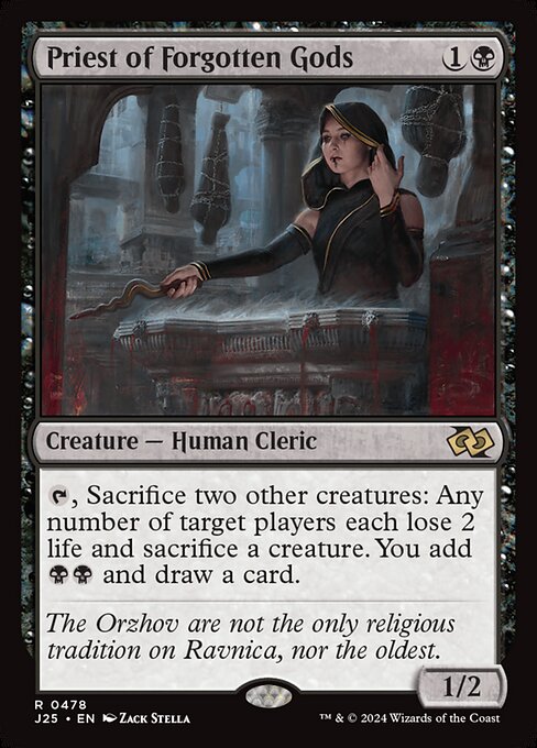 {T}, Sacrifice two other creatures: Any number of target players each lose 2 life and sacrifice a creature of their choice. You add {B}{B} and draw a card.