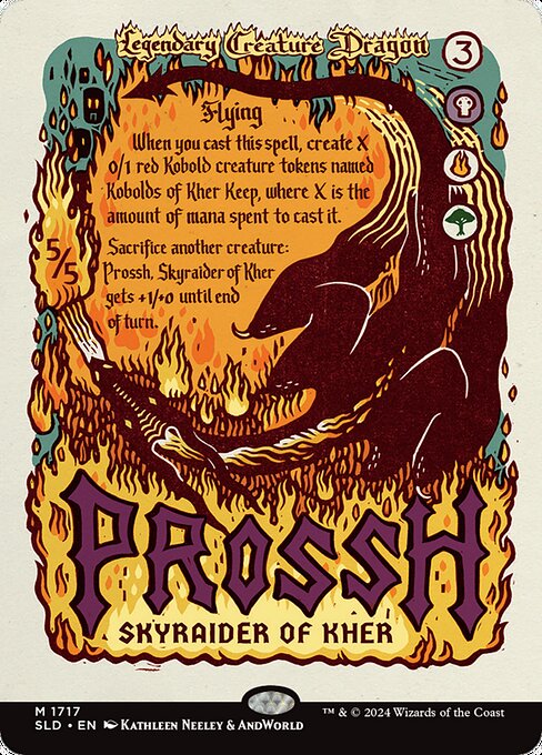 When you cast this spell, create X 0/1 red Kobold creature tokens named Kobolds of Kher Keep, where X is the amount of mana spent to cast it.
Flying
Sacrifice another creature: Prossh, Skyraider of Kher gets +1/+0 until end of turn.