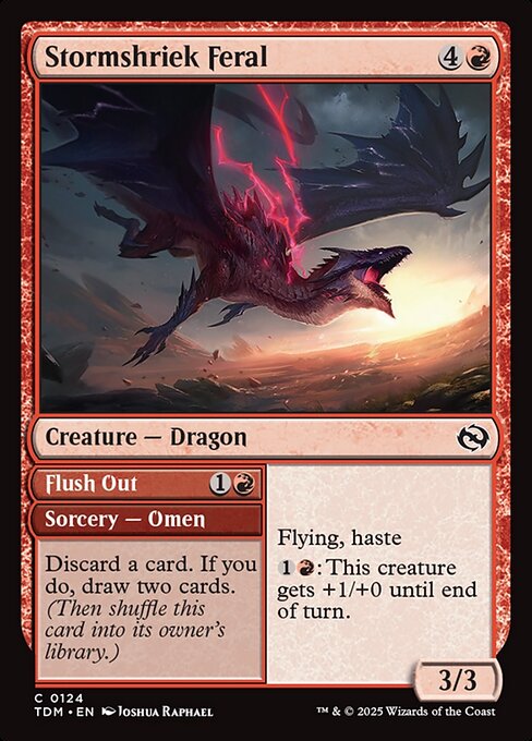Flying, haste
{1}{R}: This creature gets +1/+0 until end of turn.   Discard a card. If you do, draw two cards. (Then shuffle this card into its owner's library.)