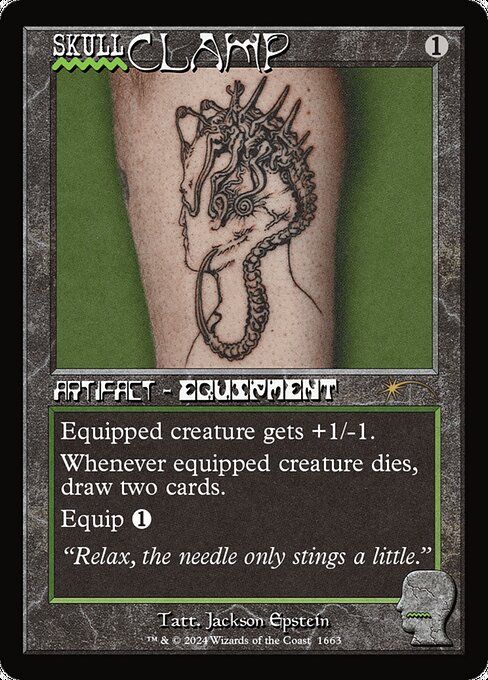 Equipped creature gets +1/-1.
Whenever equipped creature dies, draw two cards.
Equip {1}