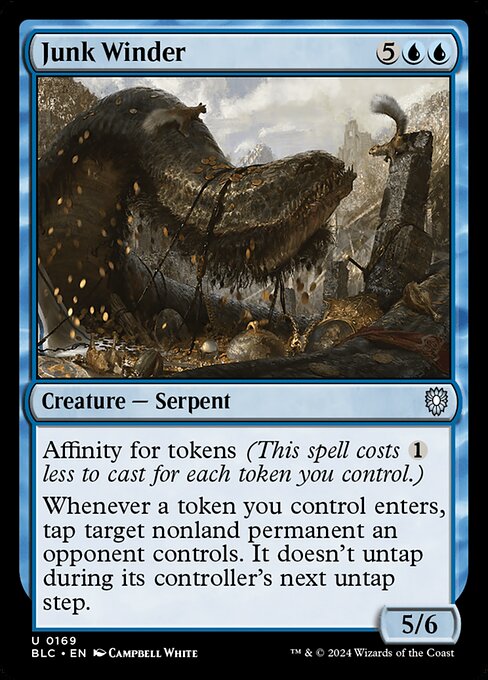 Affinity for tokens (This spell costs {1} less to cast for each token you control.)
Whenever a token you control enters, tap target nonland permanent an opponent controls. It doesn't untap during its controller's next untap step.