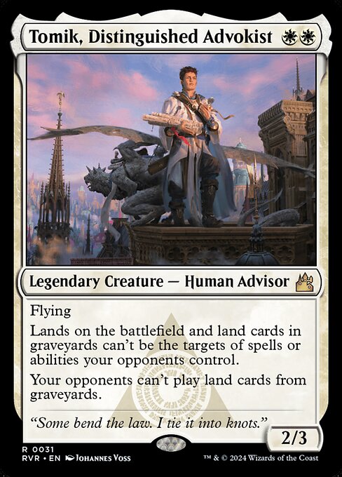 Flying
Lands on the battlefield and land cards in graveyards can't be the targets of spells or abilities your opponents control.
Your opponents can't play land cards from graveyards.