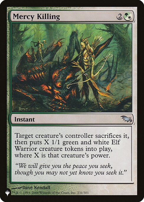Target creature's controller sacrifices it, then creates X 1/1 green and white Elf Warrior creature tokens, where X is that creature's power.