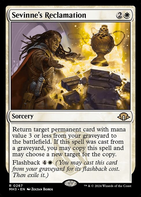 Return target permanent card with mana value 3 or less from your graveyard to the battlefield. If this spell was cast from a graveyard, you may copy this spell and may choose a new target for the copy.
Flashback {4}{W} (You may cast this card from your graveyard for its flashback cost. Then exile it.)