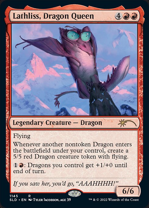 Flying
Whenever another nontoken Dragon enters the battlefield under your control, create a 5/5 red Dragon creature token with flying.
{1}{R}: Dragons you control get +1/+0 until end of turn.
