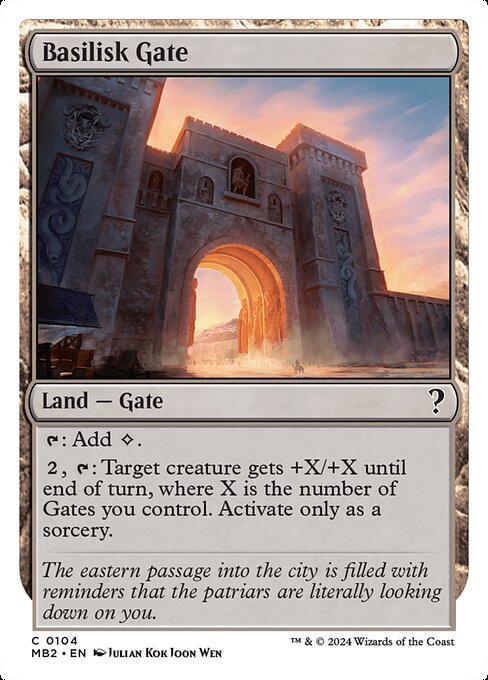 {T}: Add {C}.
{2}, {T}: Target creature gets +X/+X until end of turn, where X is the number of Gates you control. Activate only as a sorcery.