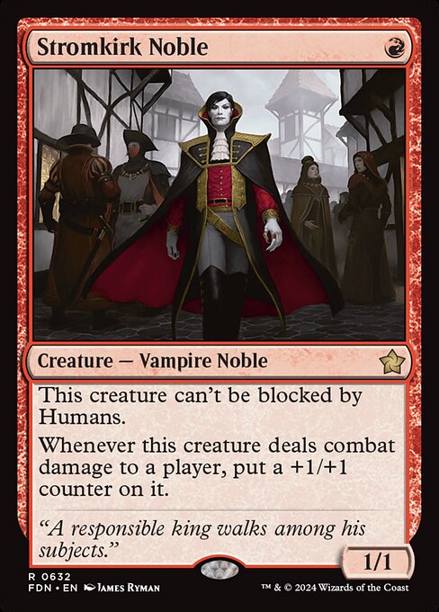 This creature can't be blocked by Humans.
Whenever this creature deals combat damage to a player, put a +1/+1 counter on it.