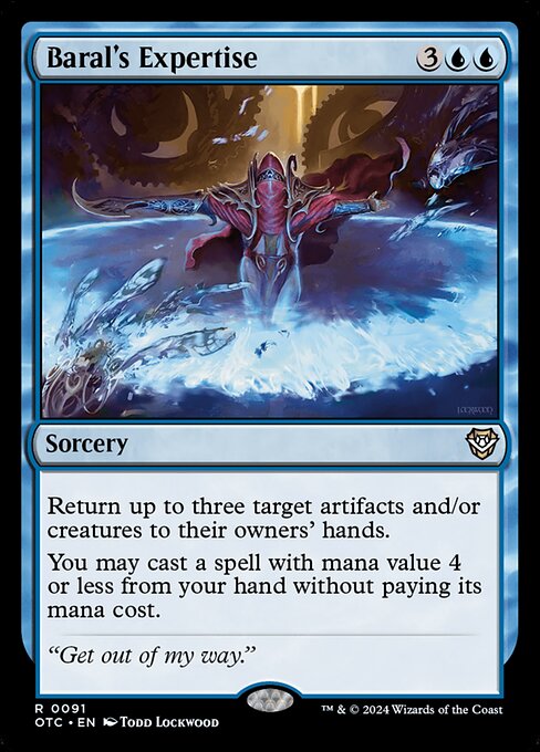 Return up to three target artifacts and/or creatures to their owners' hands.
You may cast a spell with mana value 4 or less from your hand without paying its mana cost.