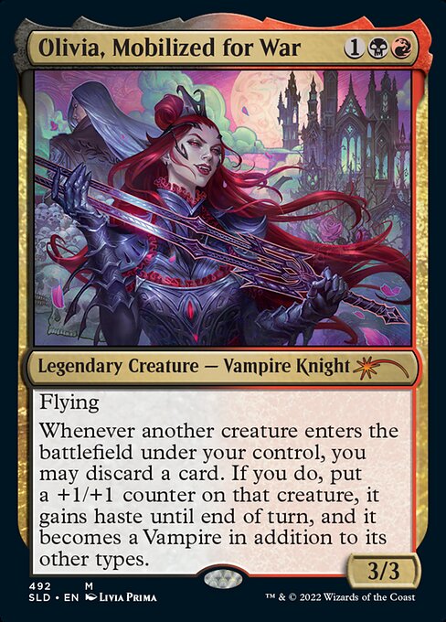 Flying
Whenever another creature enters the battlefield under your control, you may discard a card. If you do, put a +1/+1 counter on that creature, it gains haste until end of turn, and it becomes a Vampire in addition to its other types.