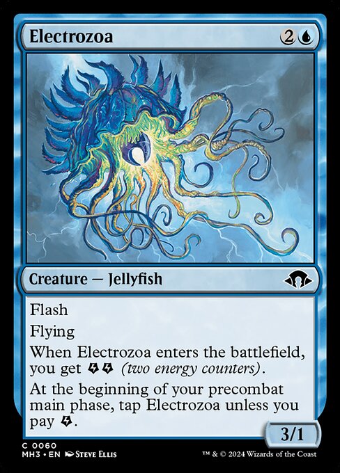 Flash
Flying
When Electrozoa enters the battlefield, you get {E}{E} (two energy counters).
At the beginning of your precombat main phase, tap Electrozoa unless you pay {E}.